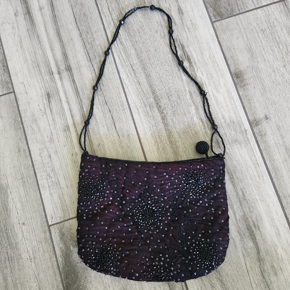 Franchi Mini Black & Burgundy Red Beaded Evening Bag Purse Handbag Vintage Goth